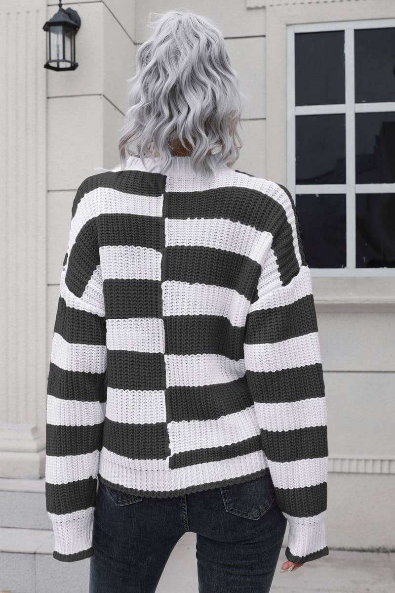 CWOSWL4084_STRIPED LONG-SLEEVED CREW NECK KNITTED SWEATER