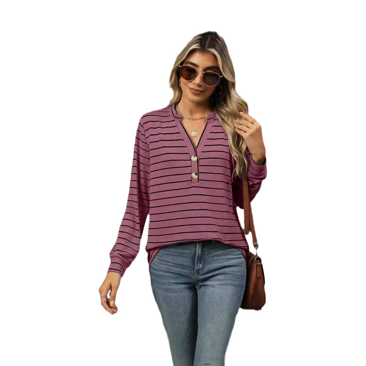 CASUAL STRIPED WOOLEN BUTTON LOOSE T-SHIRT