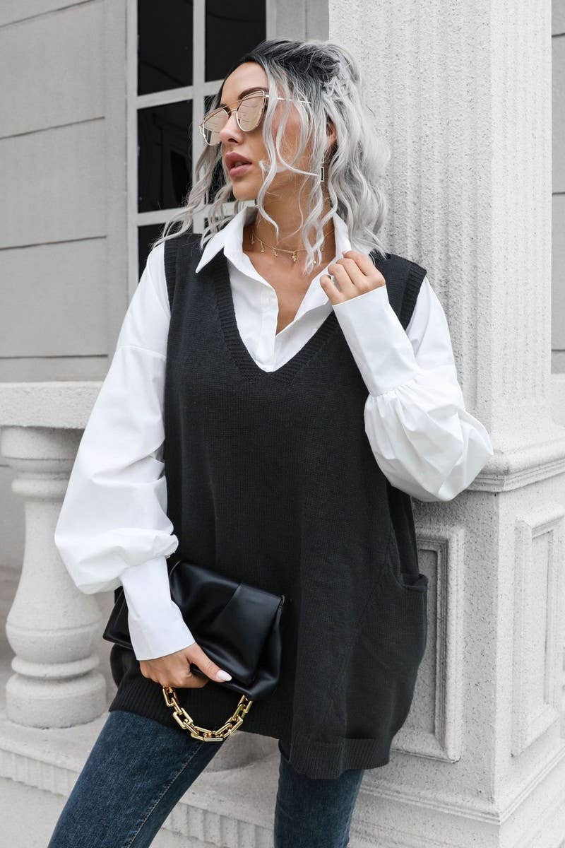 CWOV0691_V-NECK MID-LENGTH VEST LOOSE SWEATER VEST