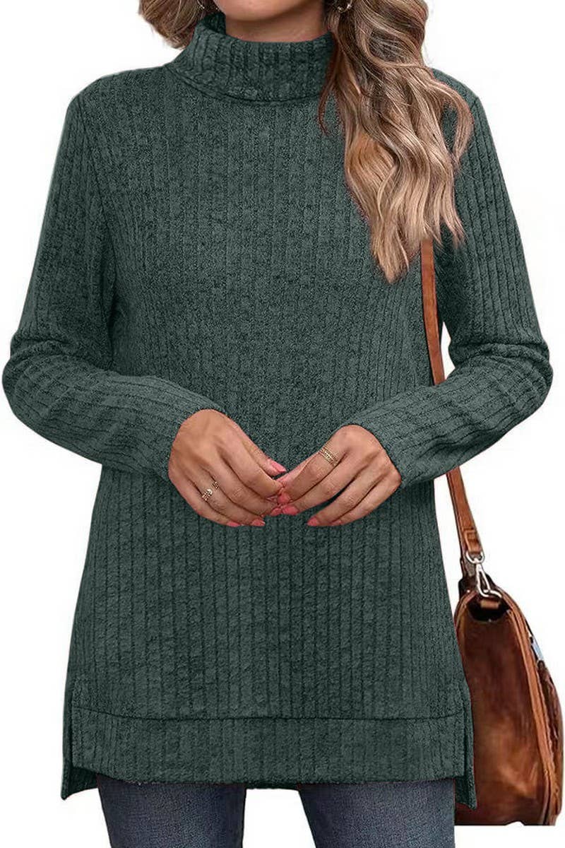 CWTBLL3684_AUTUMN AND WINTER SOLID COLOR HIGH COLLAR LOOSE T