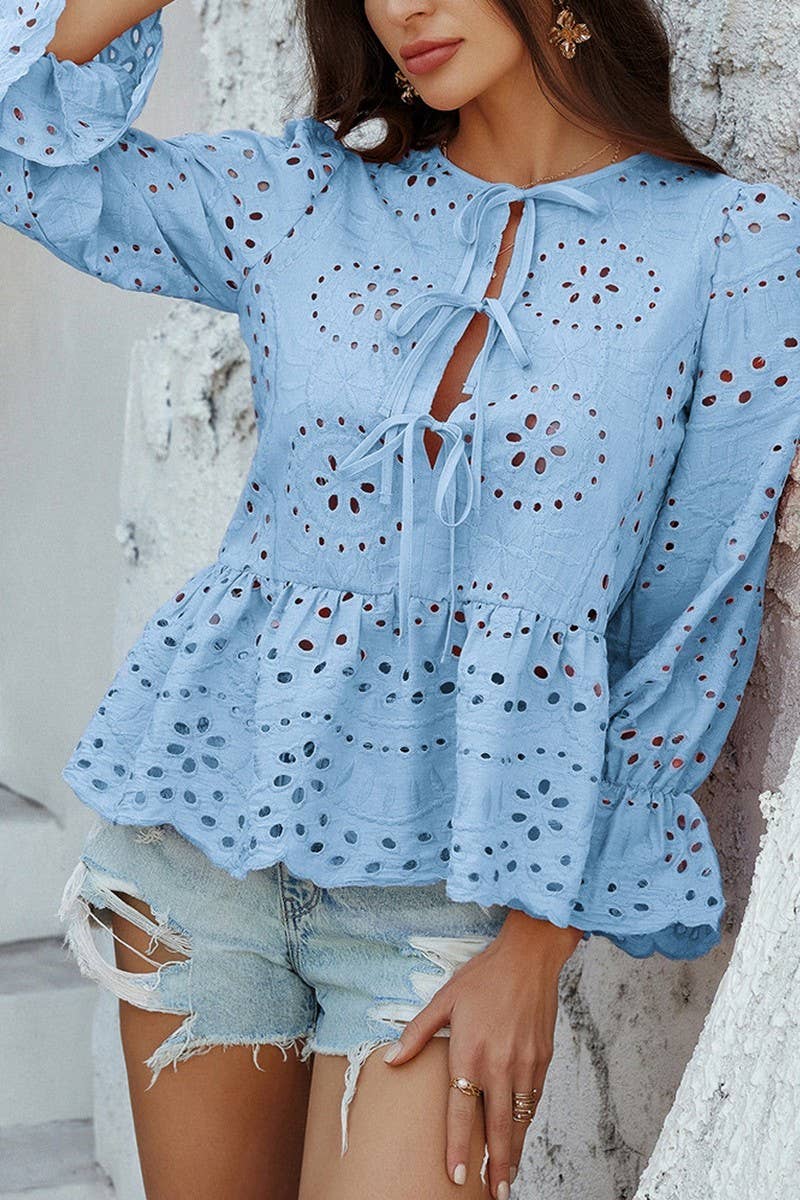 CWTBLL3595_LOOSE TIE SOLID COLOR HOLLOW TOP SHIRT