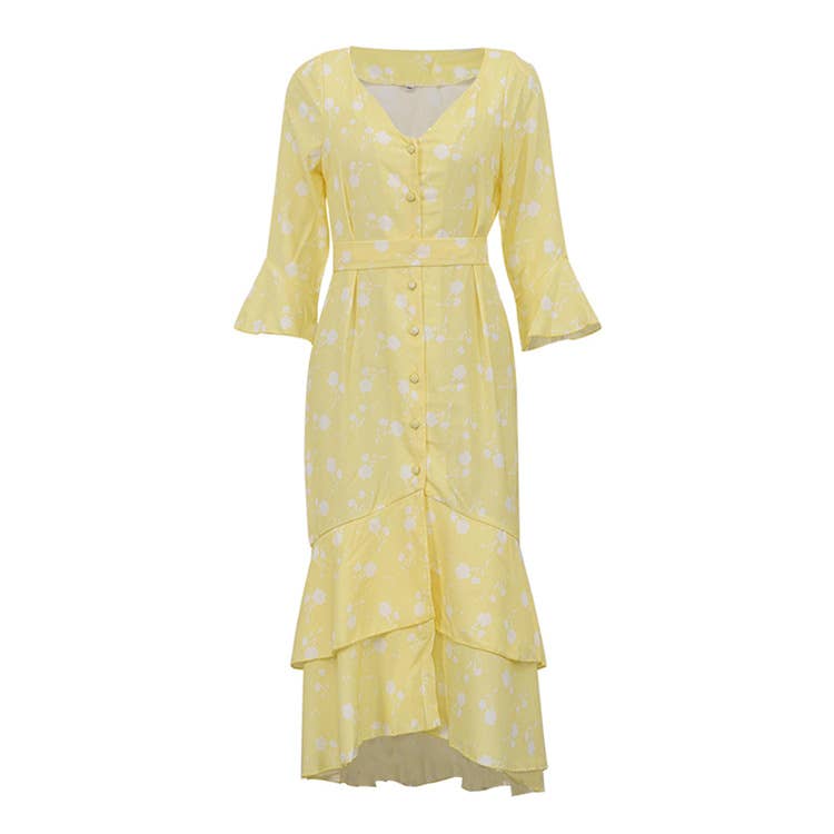 ASYMMETRICAL DESIGN V-NECK FLARED SLEEVE DRESS_CWDMD01096