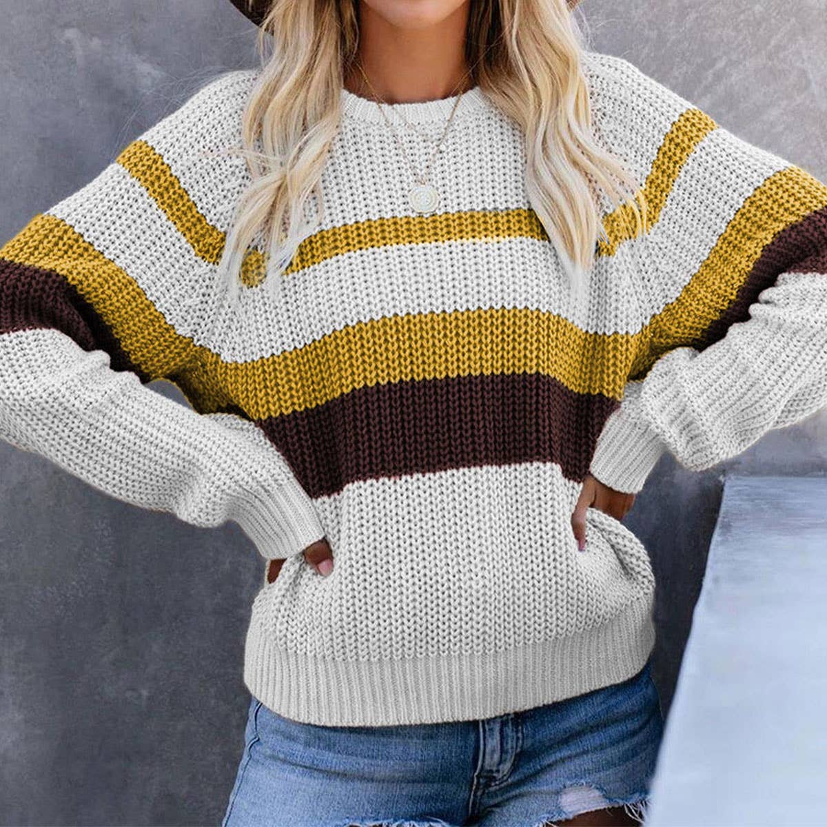 CASUAL LOOSE CREW NECK COLOR PATCHWORK KNITWEAR