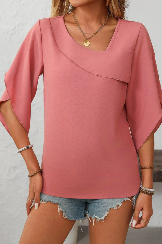 CWTBLS1711_CASUAL OBLIQUE V-NECK CHIFFON BUD SLEEVE TOP