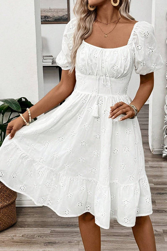 CWDSD8530_SOLID SMOCKED SQUARE NECK SHORT SLEEVE DRESS