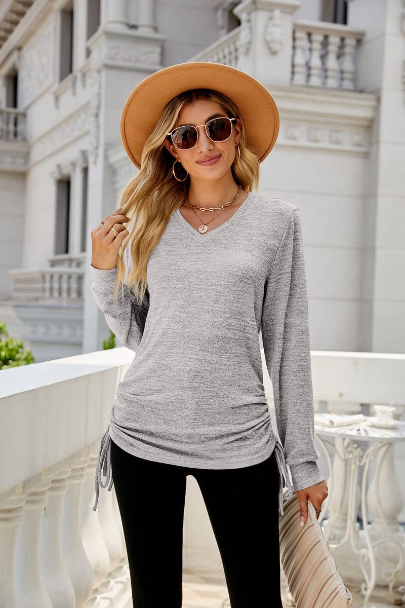 CWTBLL2405_SOLID COLOR LONG SLEEVE V-NECK PLEATED LOOSE TOP