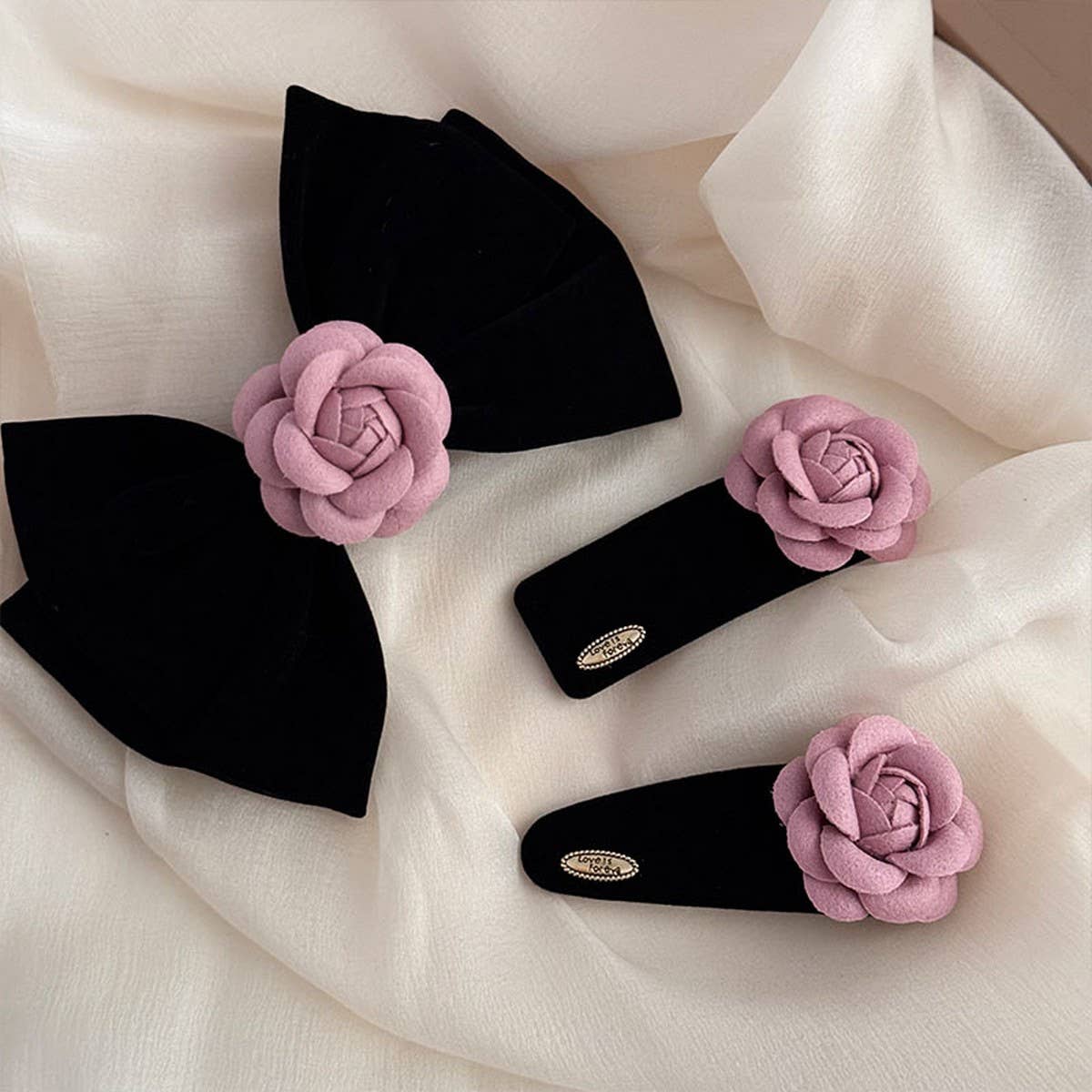 NEW BLACK VELVET PINK CAMELLIA HAIRPIN
