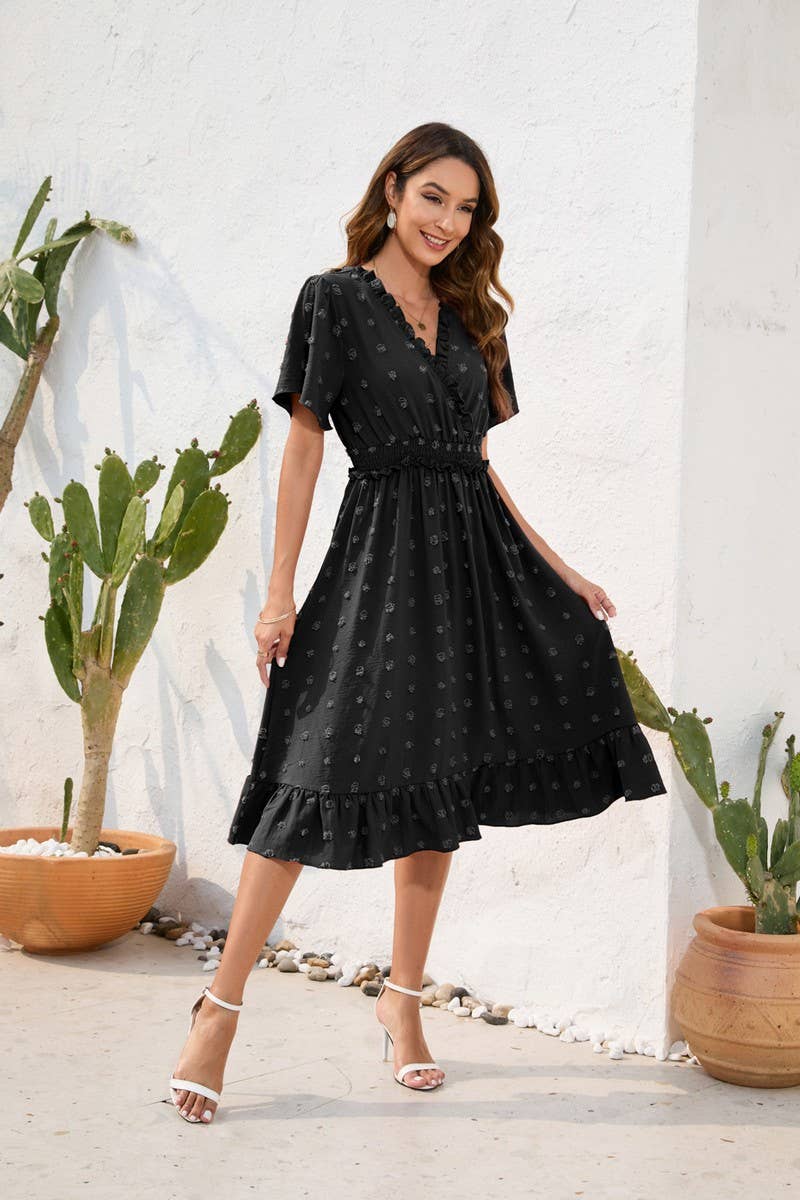 CWDMD2141_V-NECK HIGH-WAISTED LACE-UP DRESS