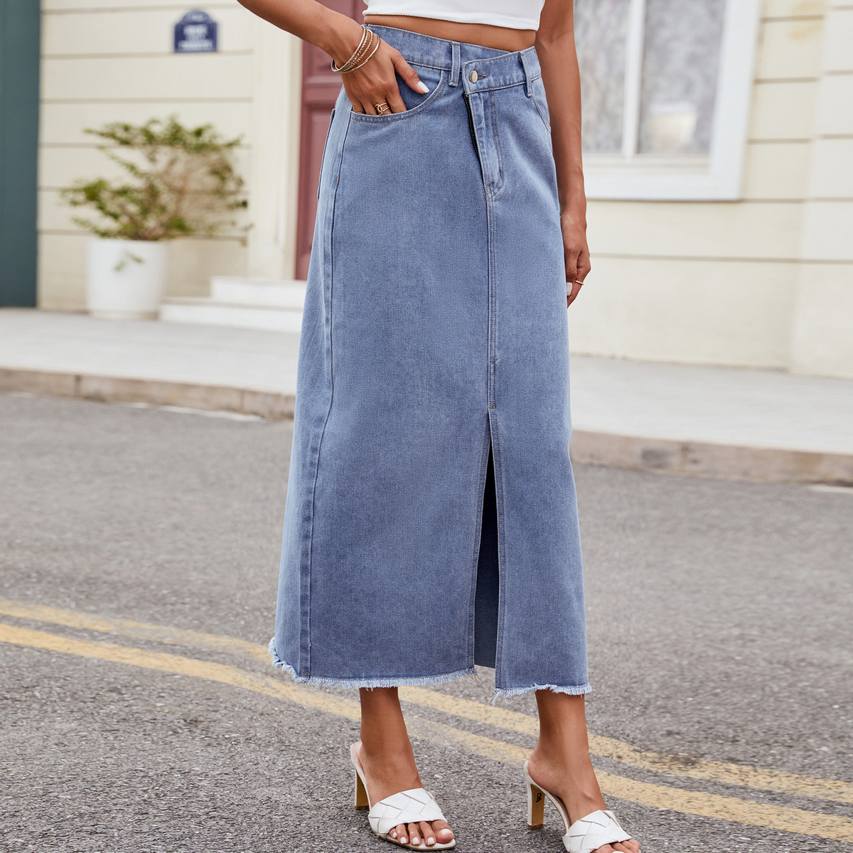 Women?™s Washed Denim Maxi Skirt Asymmetrical_CWJSK0205