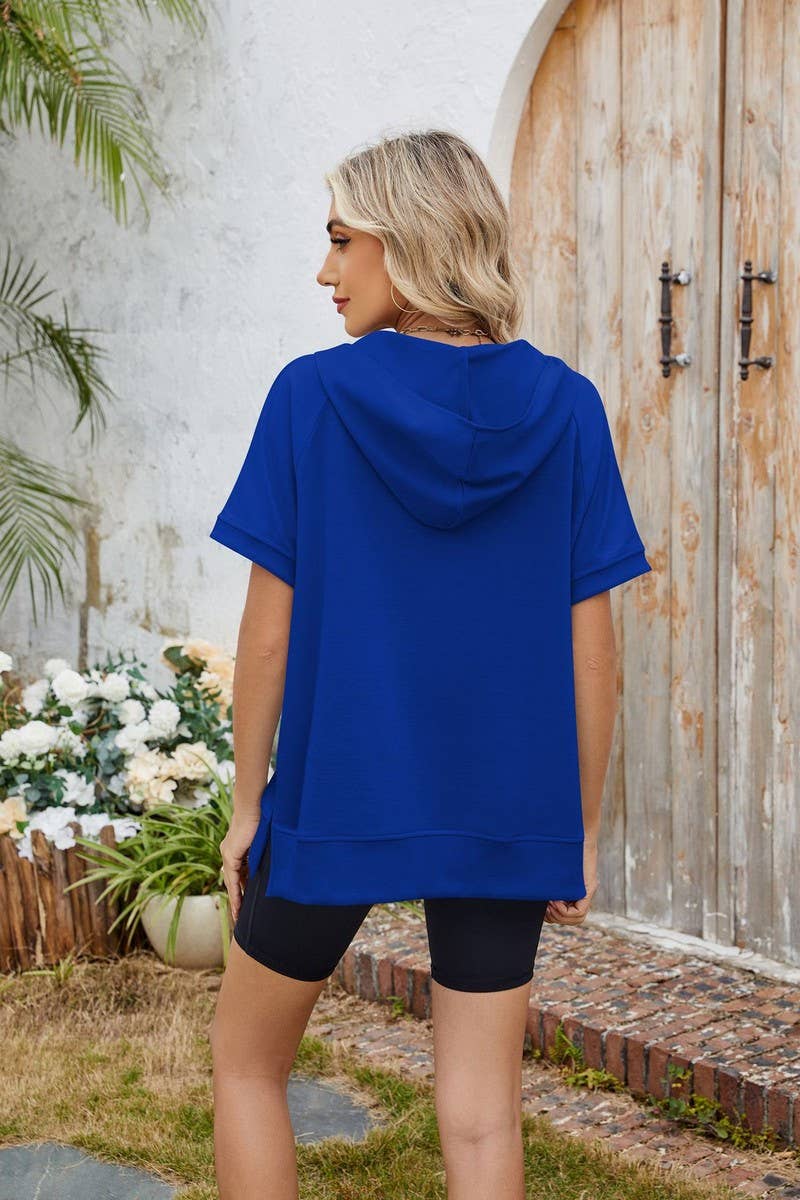 CWOHOS0018_LOOSE FIT ZIPPER SHORT SLEEVE HOODED SWEATSHIRT