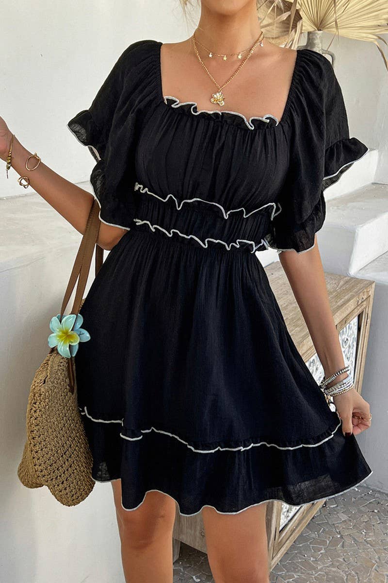 CWDSD7875_SUMMER SOLID COLOR RUFFLED SHORT-SLEEVED DRESS