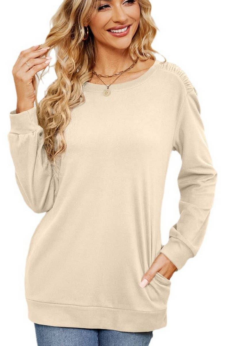 CWTBLL2384_SOLID COLOR ROUND NECK LONG SLEEVE POCKET T-SHIRT