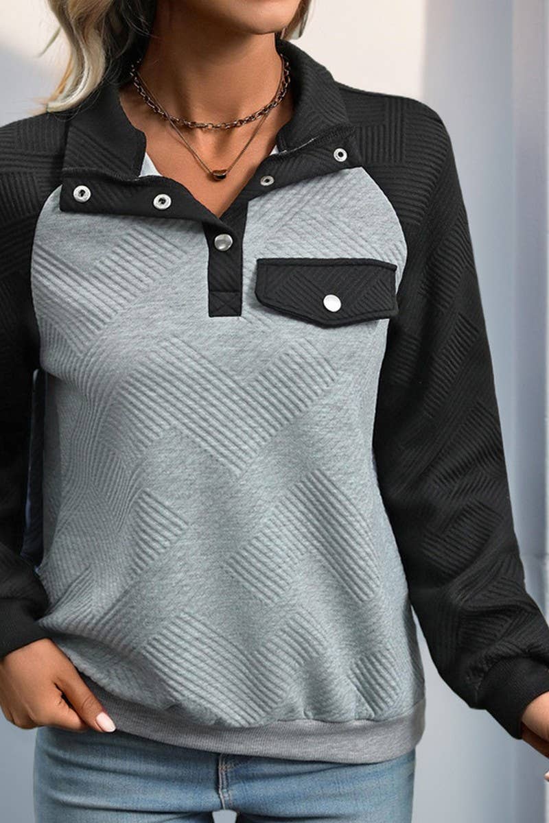 CWTTL1979_CONTRASTING COLOR PATCHWORK STAND UP COLLAR HOODIE