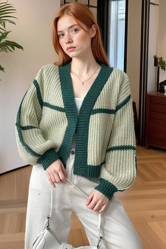 CWOSWL07344_WOMEN COLOR BLOCK KNIT CASUAL CARDIGAN