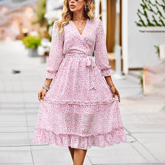 Elegant V-neck seven-point sleeve lace-up dress