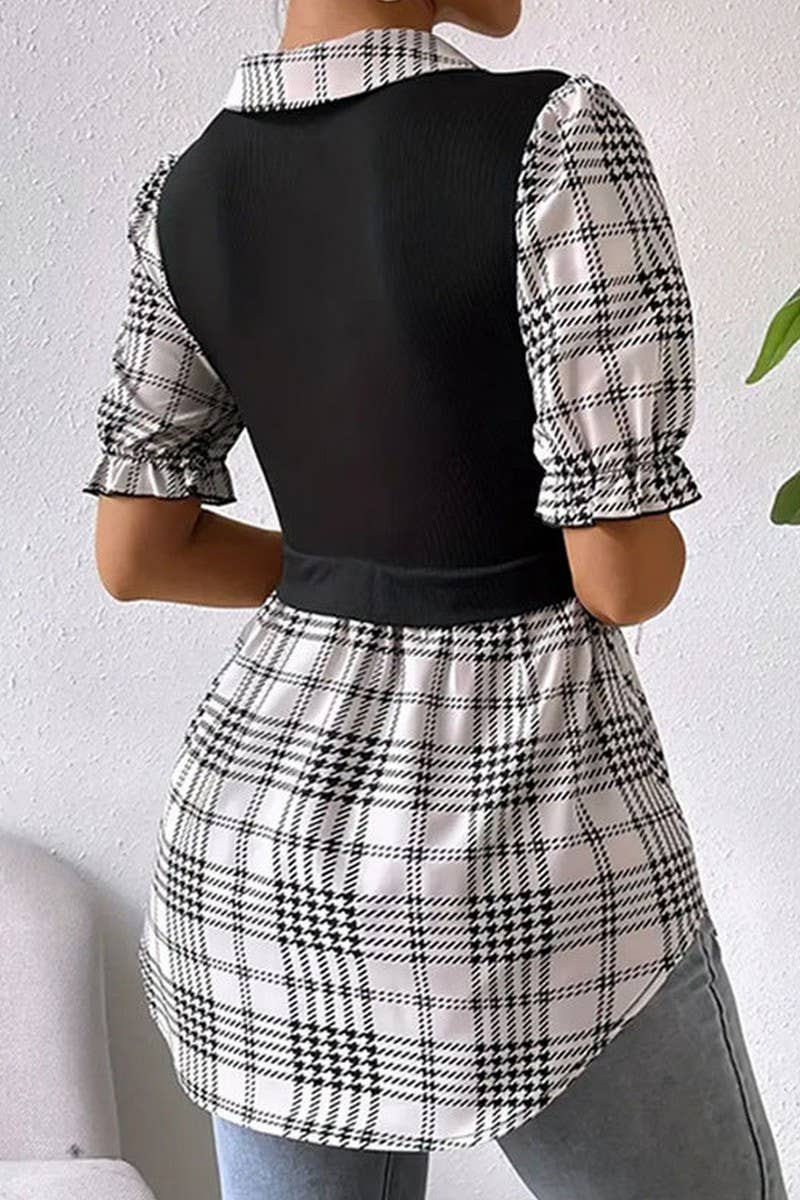 CWDSD7717_CONTRAST BUTTON PLAID MOCK TWO-PIECE DRESS