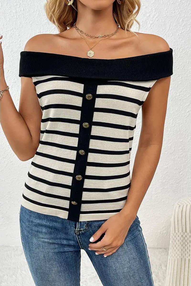CWTTS1306_FASHION STRIPED OFF-SHOULDER BOAT NECK SWEATER