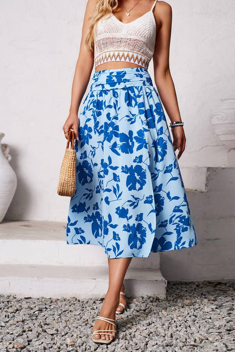 CWBMS0432_FLORAL RUCHED CASUAL SUMMER MIDI SKIRT
