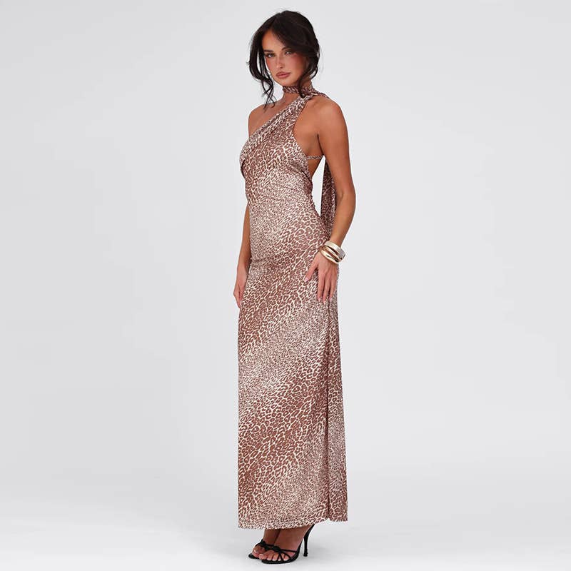 Cinched-neck off-the-shoulder leopard print dress