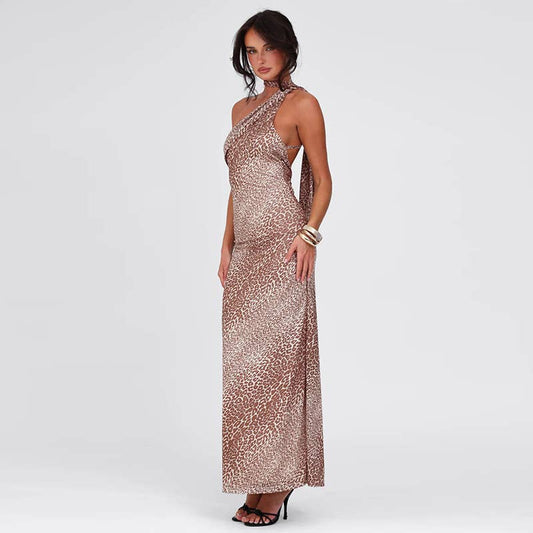 Cinched-neck off-the-shoulder leopard print dress