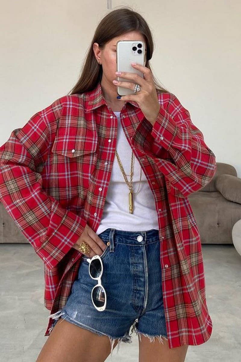 CWTBLL00631_RED PLAID LAPEL COMMUTER LONG-SLEEVED SHIRT