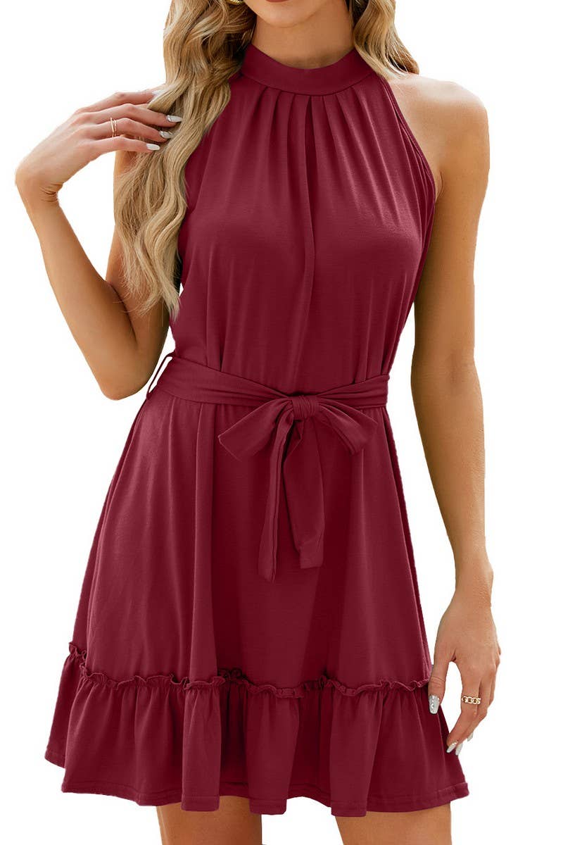 CWDHL0339_SOLID COLOR HALTER NECK STRAP SLEEVELESS DRESS