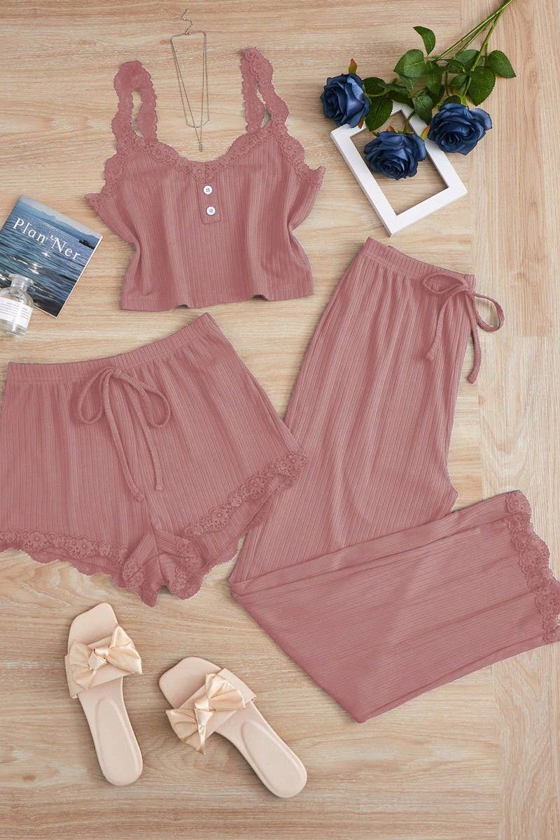 CWSPJ00474_LACE 3 PIECE SLEEPWEAR SHORTS PANTS SET