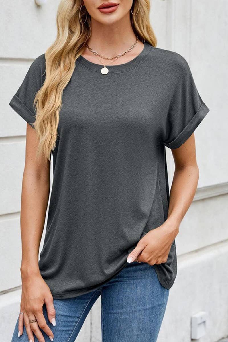 CWTTS1323_NEW SOLID COLOR ROUND NECK LOOSE SHORT SLEEVE T-SH