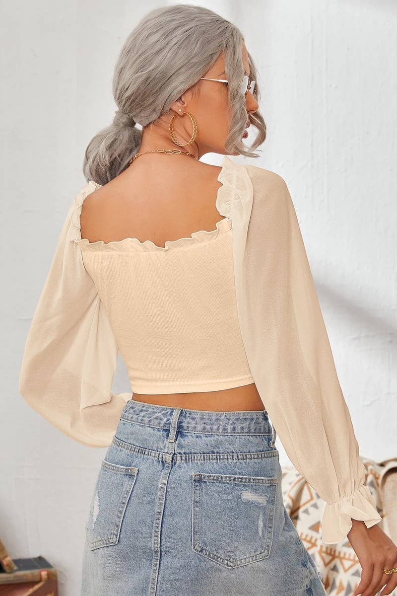 CWTBLL2261_SQUARE COLLAR RUFFLED LONG SLEEVE SHORT TOP