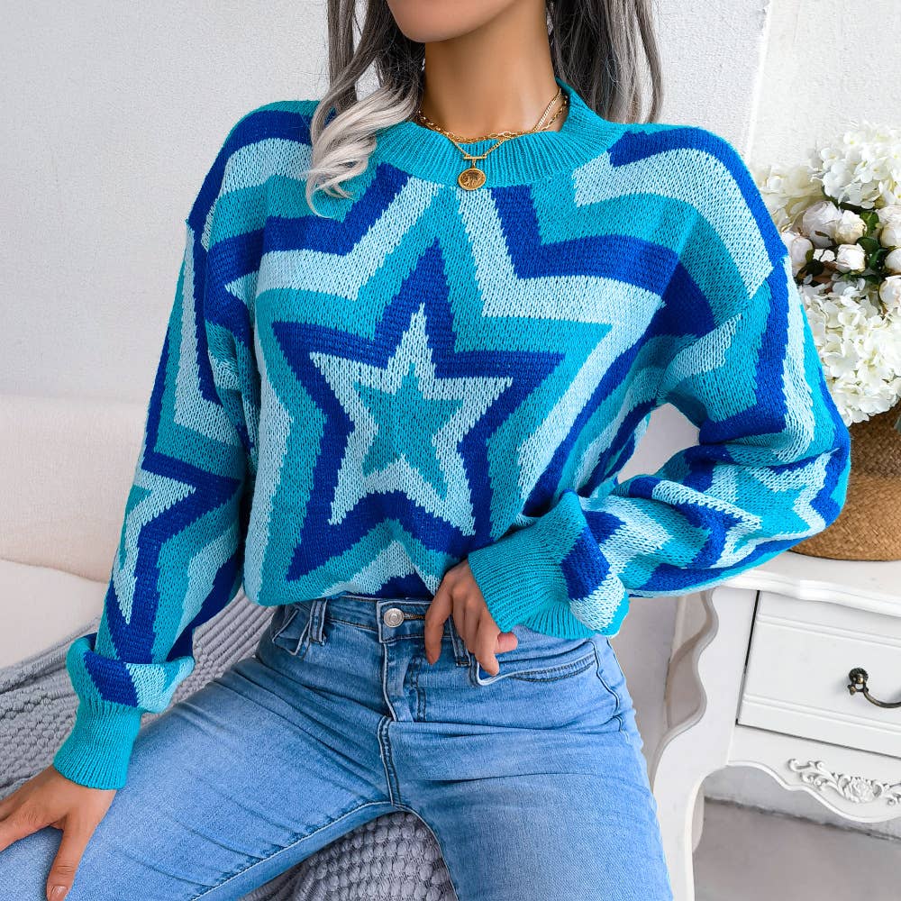 CONTRASTING STAR LONG-SLEEVED PULLOVER SWEATER