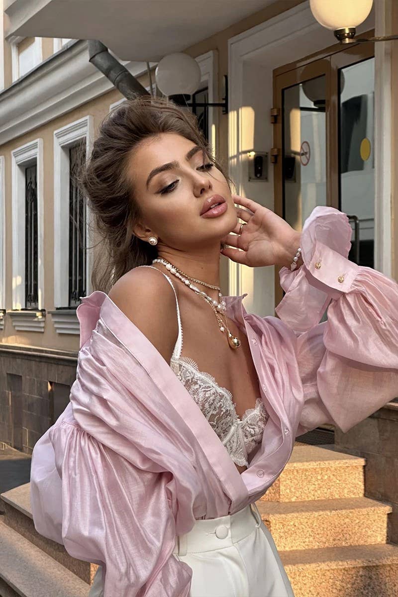 CWTBLL3814_SATIN BALLOON SLEEVE LONG SLEEVE SHIRT