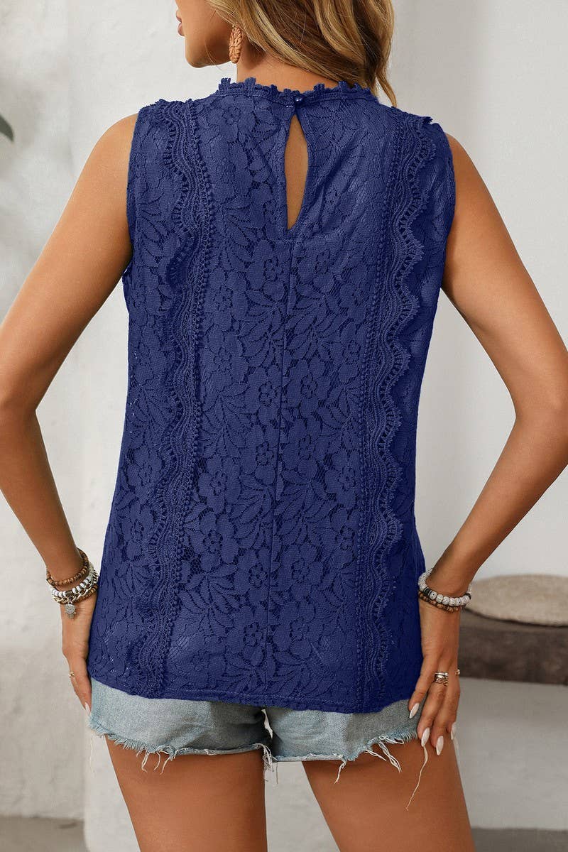CWTBLSL0672_V-NECK LACE SLEEVELESS VEST TOP
