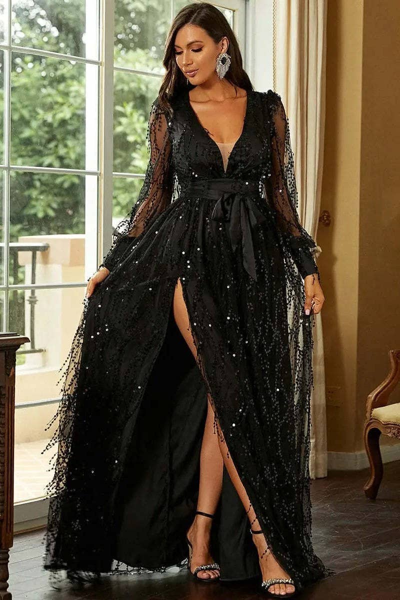 CWDMD5427_ELEGANT SEQUIN DEEP-V HALTER FORMAL MAXI DRESS