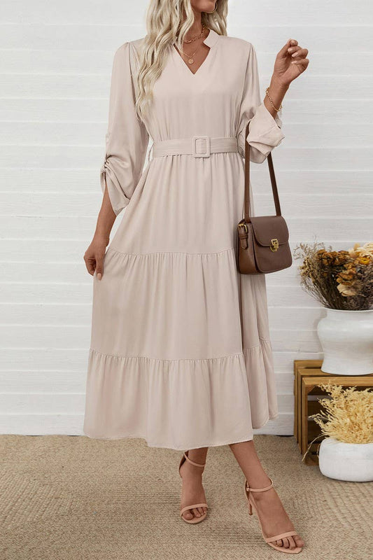 CWDMD6288_SOLID BELTED STAND COLLAR LONG SLEEVE DRESS