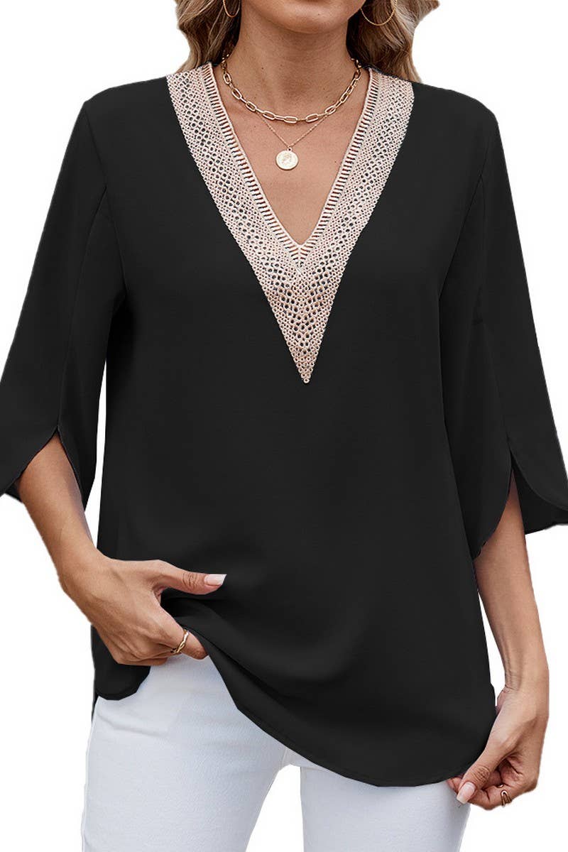 CWTTS1345_SPRING AND SUMMER V-NECK LACE CHIFFON TOP