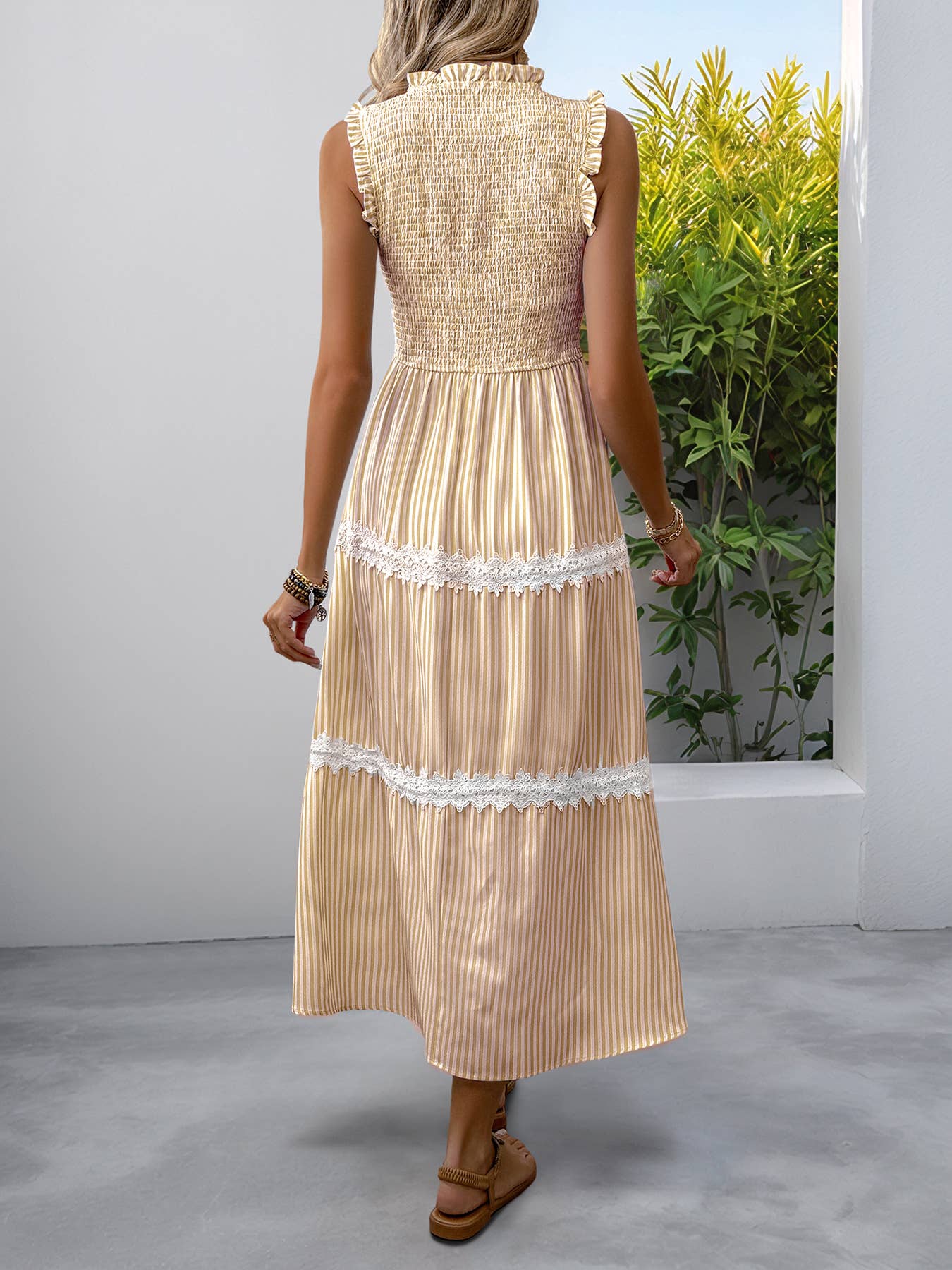 Ear-trimmed round-neck sleeveless striped dress