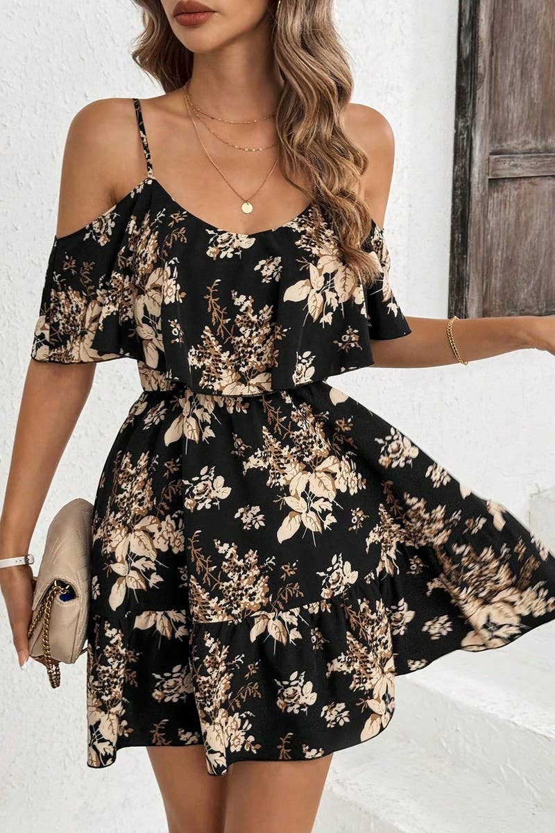 CWDHL0971_WOMEN'S ELEGANT PRINTED SLING WAIST RUFFLE DRESS