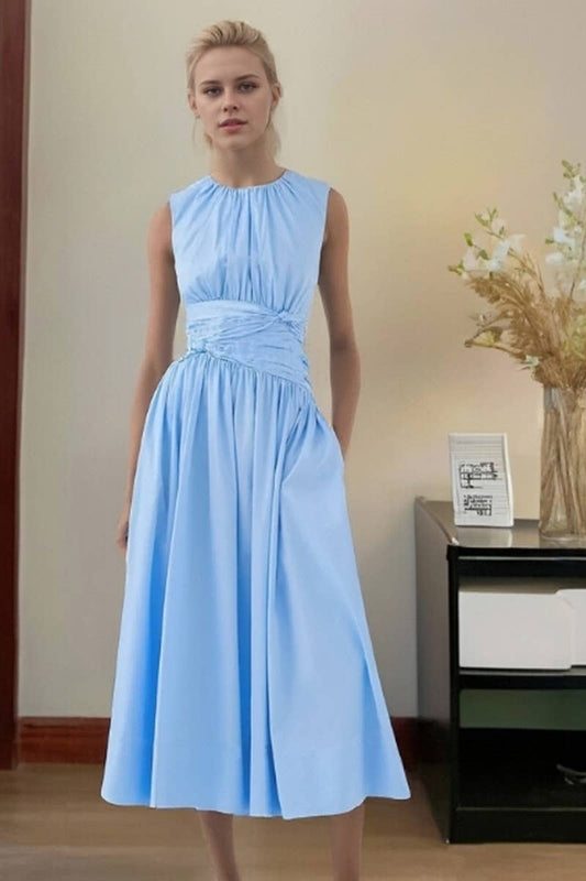 CWDMD6379_BLUE PLEATED POCKET WIDE-HEM MIDI DRESS