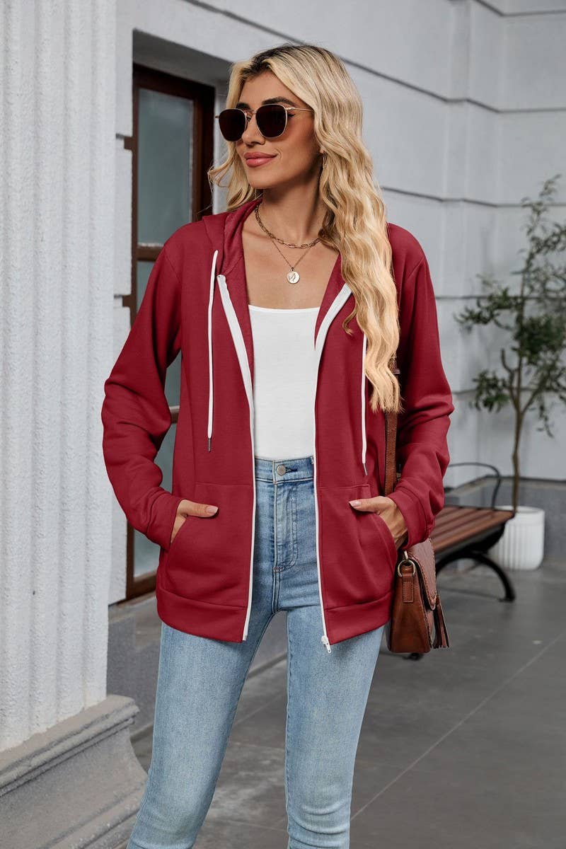 CWOCAL00575_CONTRAST COLOR ZIPPER HOODED POCKET SWEATSHIRT