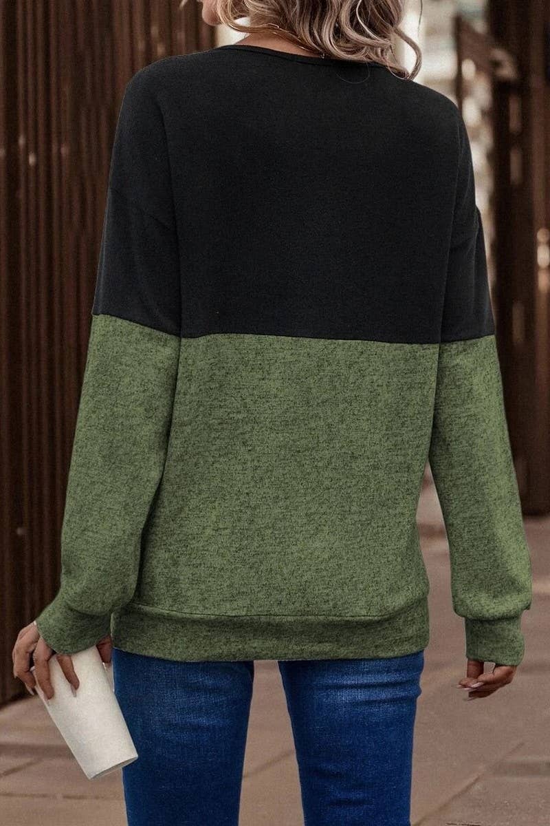 CWTBLL1424_V-NECK CROSS-CONTRAST DROPPED SHOULDER SLEEVE TOP