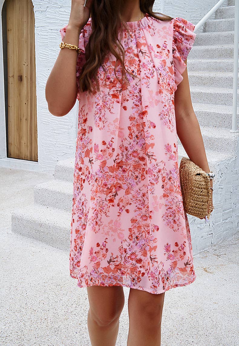 Elegant printed round-neck flying sleeve dress