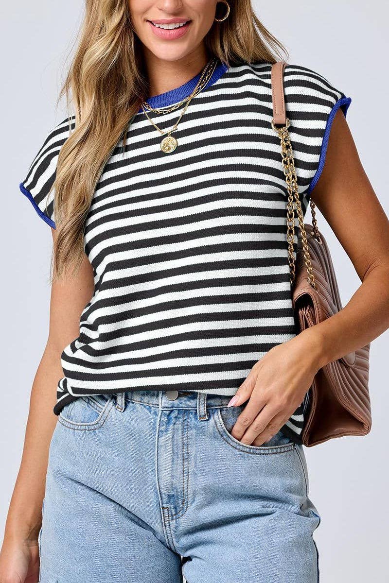 CWOSWS0122_CREW NECK CASUAL STRIPED CONTRAST KNIT TOP