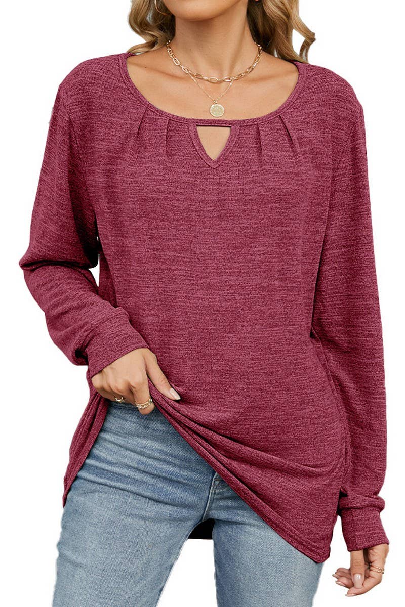 CWTBLL3677_SOLID COLOR WRINKLED BRUSHED HOLLOW LOOSE T-SHIRT