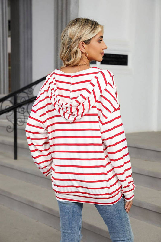 CWOHOL0718_DRAWSTRING HOODED STRIPED LONG SLEEVE SWEATSHIRT