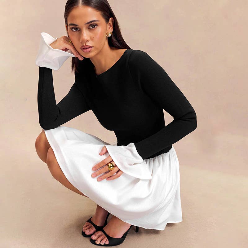 COLOR CONTRAST SPLICING SEXY LONG SLEEVE DRESS