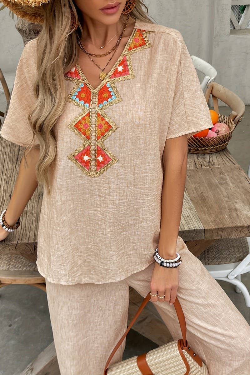 CWSTB2162_TEXTURED LACE-TRIMMED LOOSE FIT TWO-PIECE SET