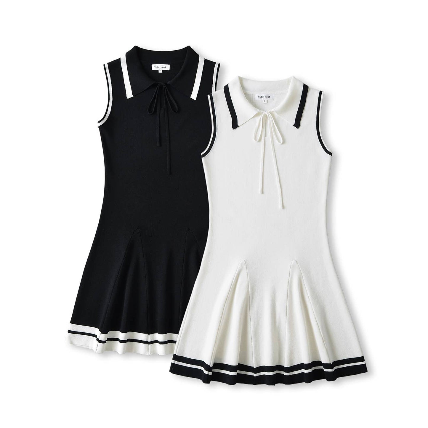 BLACK AND WHITE CONTRAST LAPEL WAIST KNIT DRESS