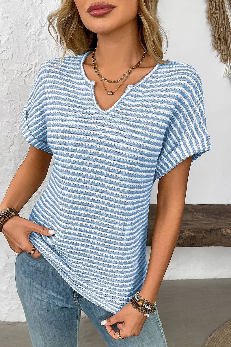 CWTBLS1622_V-NECK LOOSE STRIPED PULLOVER SHORT-SLEEVED TOP