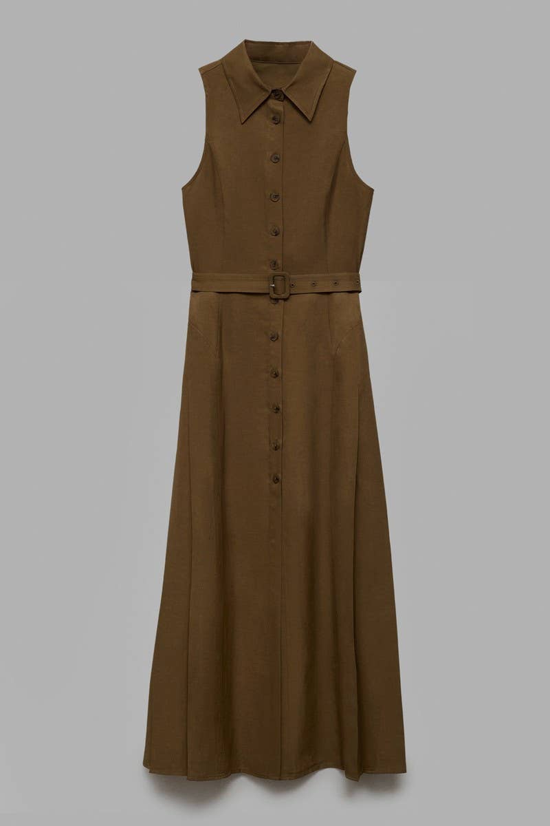 CWTDSSL0018_V-NECK SLEEVELESS BELTED SPLIT SHIRT MAXI DRESS