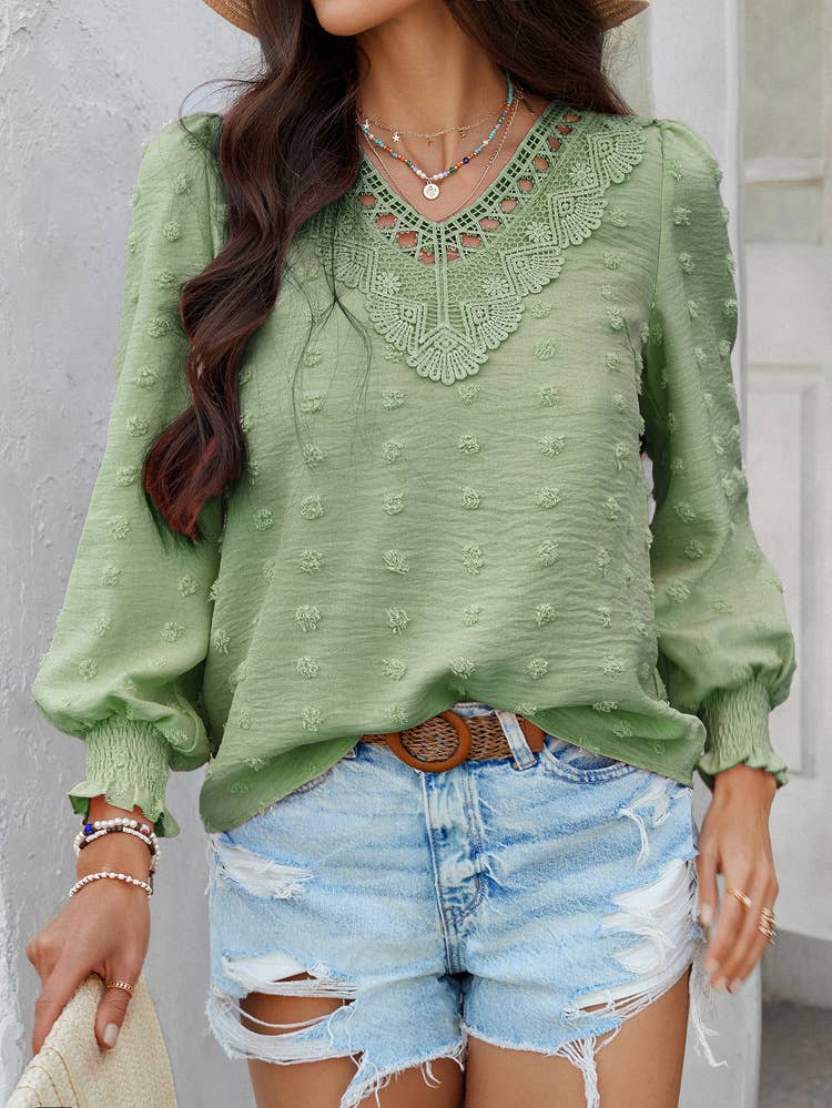 Casual jacquard long-sleeved V-neck olive shirt